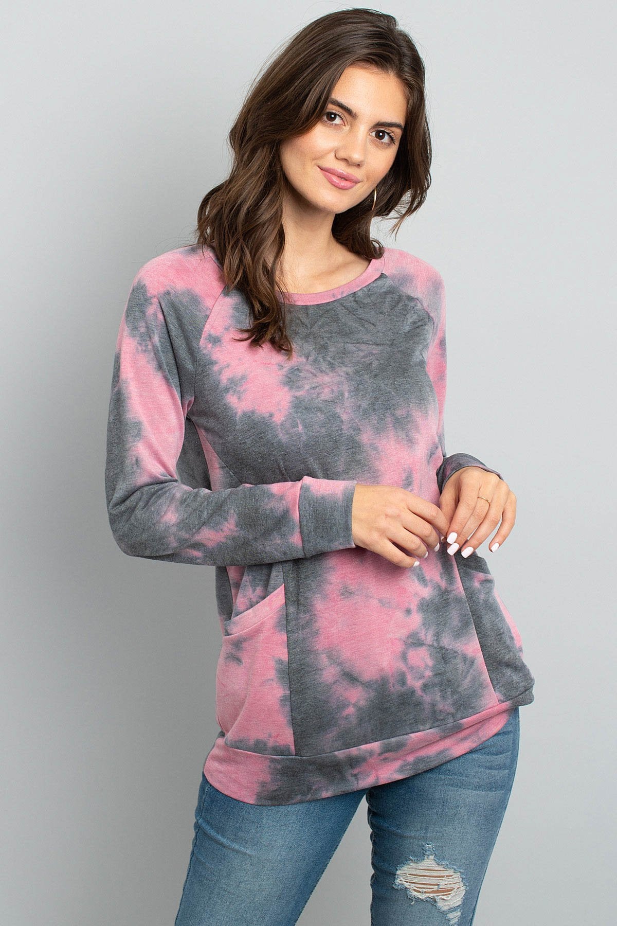 Riah Fashion - Tie Dye Long Sleeve Top With Kangaroo Pocket - 4 COLORS -