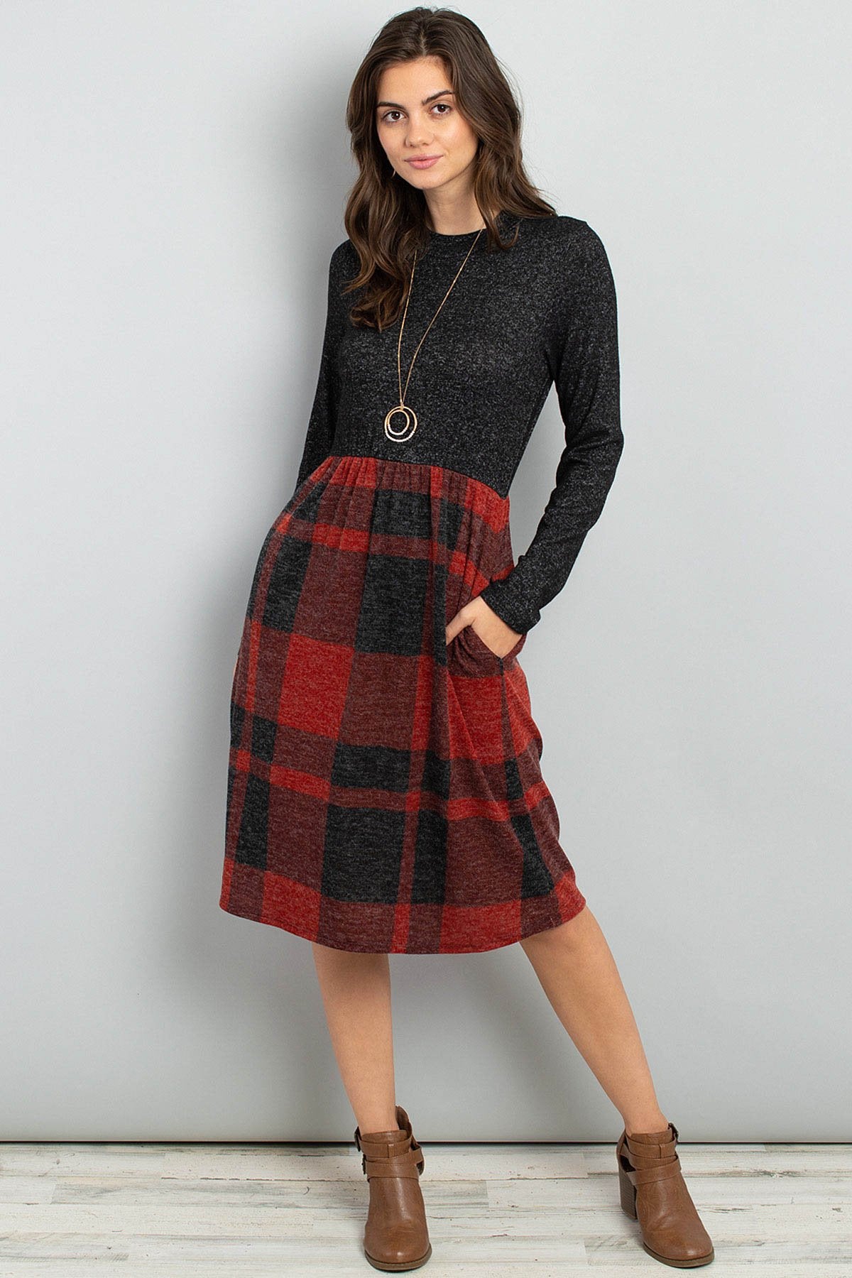 Riah Fashion - Two Toned High Neck Long Sleeves Plaid Contrast Dress - 3 COLORS -