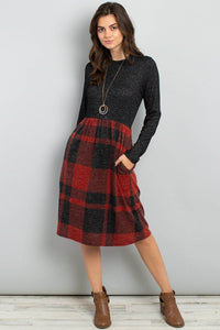 Thumbnail for Riah Fashion - Two Toned High Neck Long Sleeves Plaid Contrast Dress - 3 COLORS -