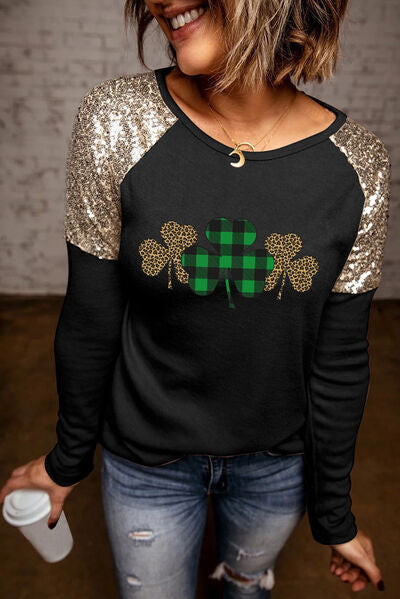 Lucky Clover Sequin Round Neck T-Shirt - T - 1 COLOR -