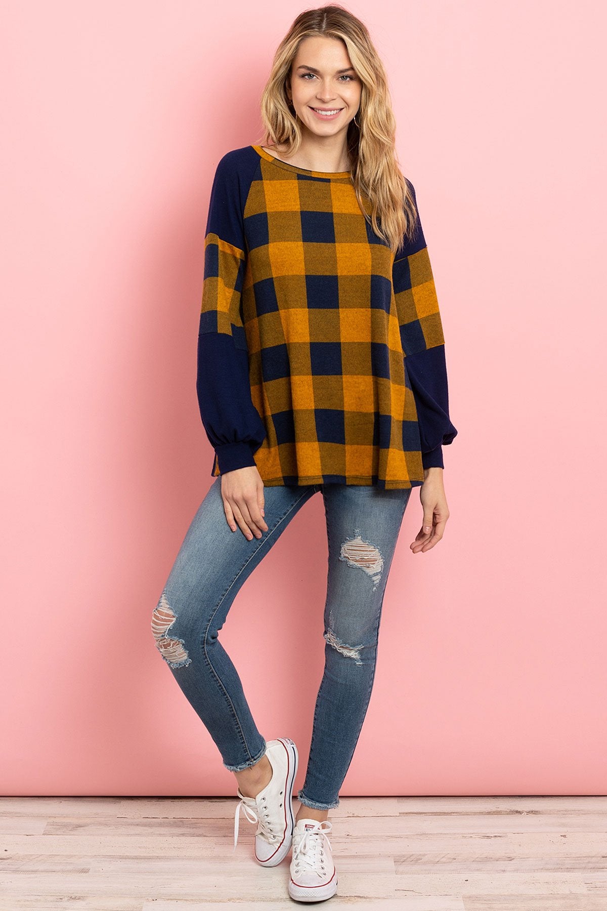 Riah Fashion - Solid Contrast Puff Sleeves Plaid Top - 3 COLORS -