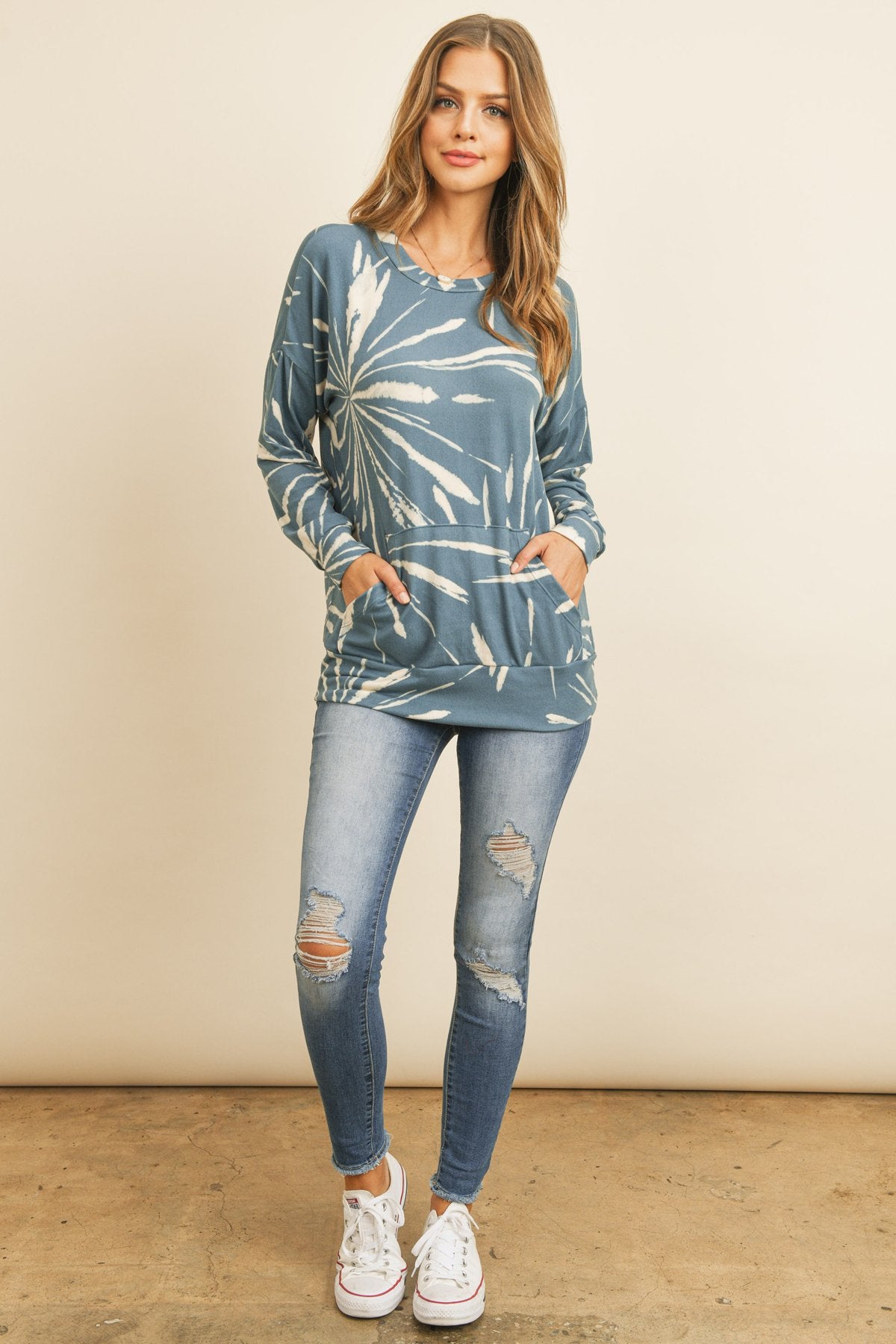 Kangaroo Pocket Tie Dye Long Sleeve Top - 4 COLORS -