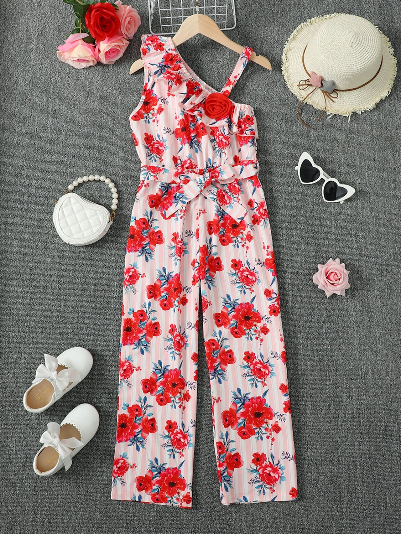 Floral Asymmetrical Neck Tie Belt Jumpsuit - T - 4 SIZES - 1 COLOR -