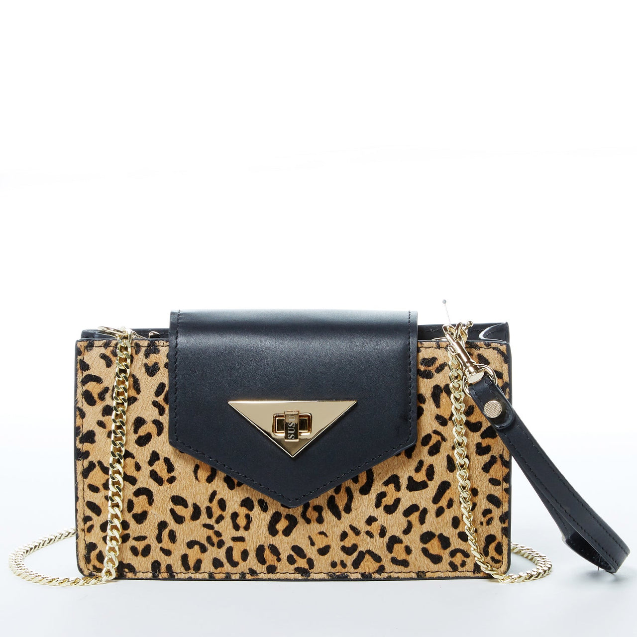 Mary Mini Crossbody Bag Black Leopard Leather Wristlet -