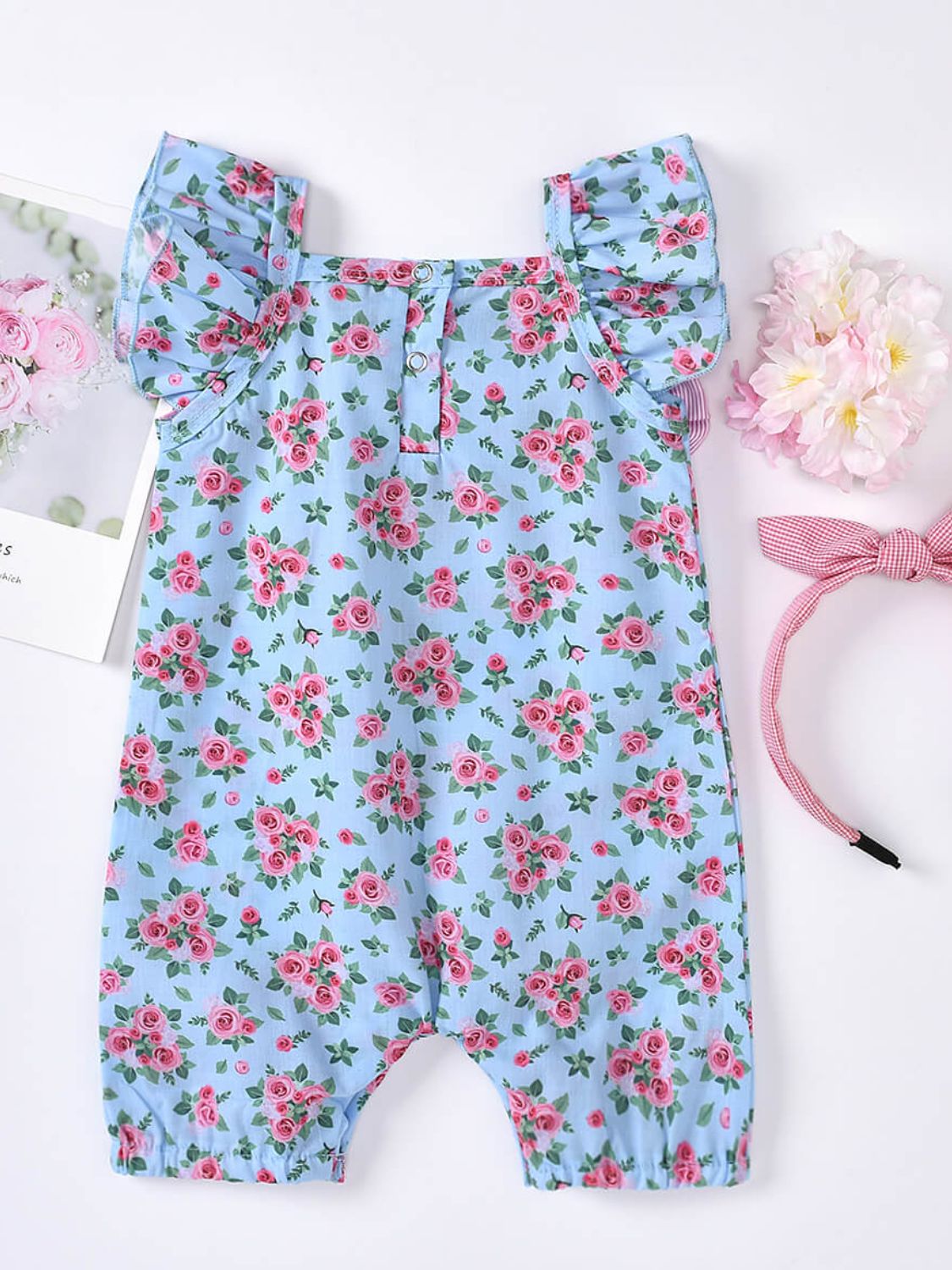 Baby Girl Printed Bow Detail Square Neck Romper - T - 2 COLORS - 5 SIZES -