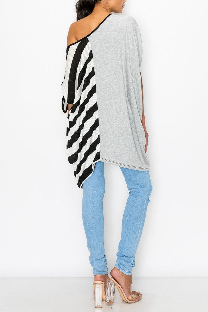 Stylespect - Stripe and Solid Contrast Oversized Top - Grey/Black - 1 COLOR -