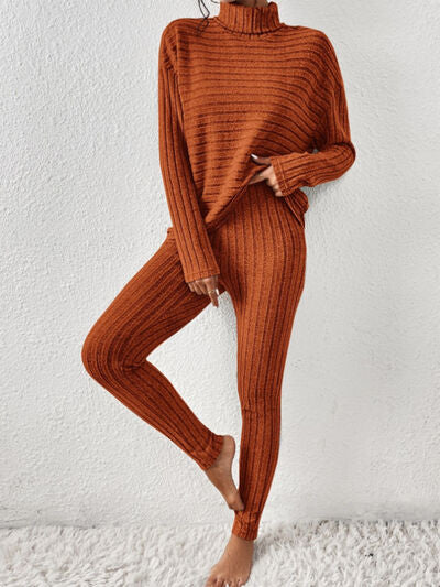 Ribbed Turtleneck Top and Pants Set - 2 PCS. - T - 5 COLORS -