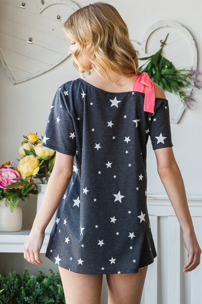 Heimish Full Size Star Print Asymmetrical Neck Short Sleeve Top - T - 1 COLOR -