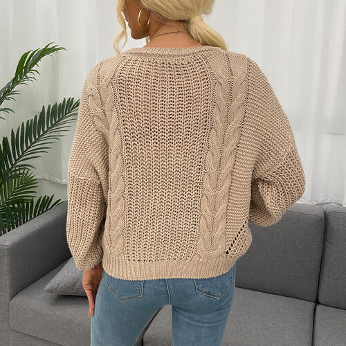 Openwork Round Neck Dropped Shoulder Sweater - T - 1 COLOR -