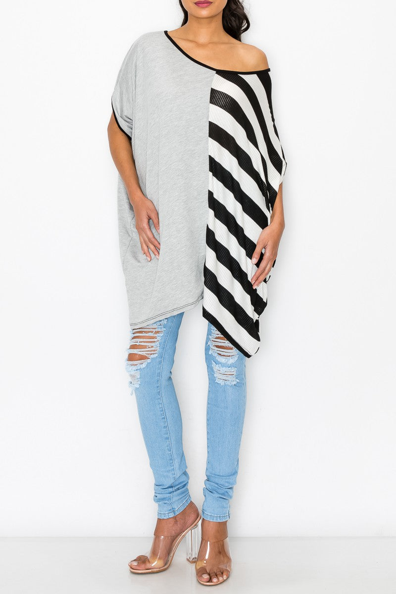 Stylespect - Stripe and Solid Contrast Oversized Top - Grey/Black - 1 COLOR -