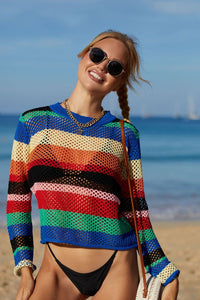 Thumbnail for Rainbow Stripe Openwork Long Sleeve Cover-Up - T - 1 COLOR -