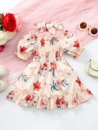 Thumbnail for Baby Girl Floral Smocked Frill Trim Dress with Headband - T - 5 SIZES - 1 COLOR -