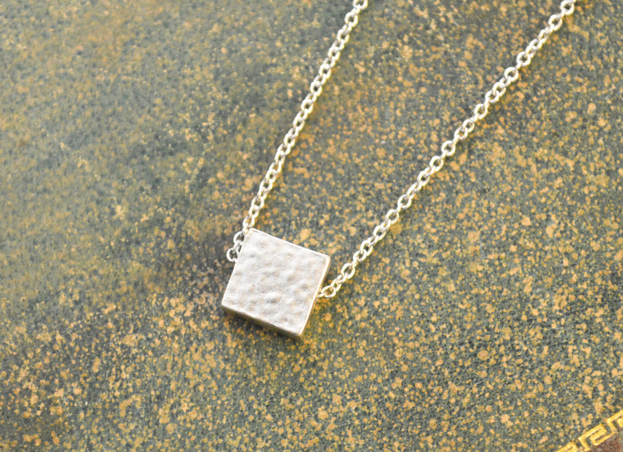 White Gold Hammered Square Necklace -