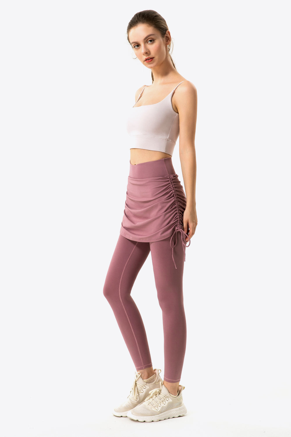 Drawstring Ruched Faux Layered Yoga Leggings - T - 7 COLORS -