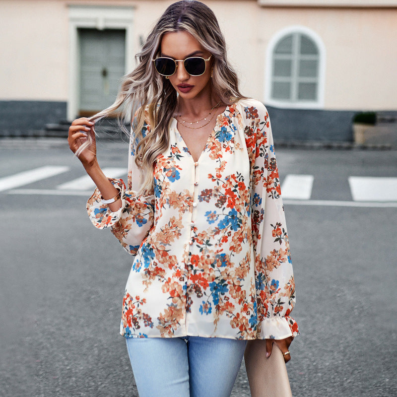 Elegant floral print shirt with V-neck buttons blouse - K - 4 COLORS -