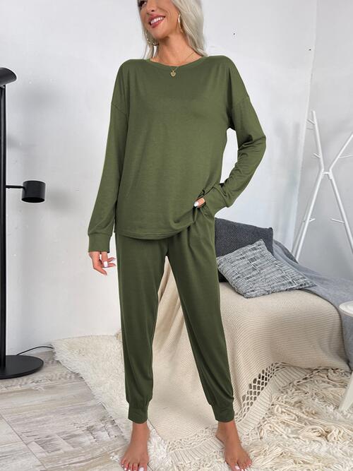 Round Neck Top and Drawstring Pants Lounge Set - 2 PCS. - T - 4 COLORS -