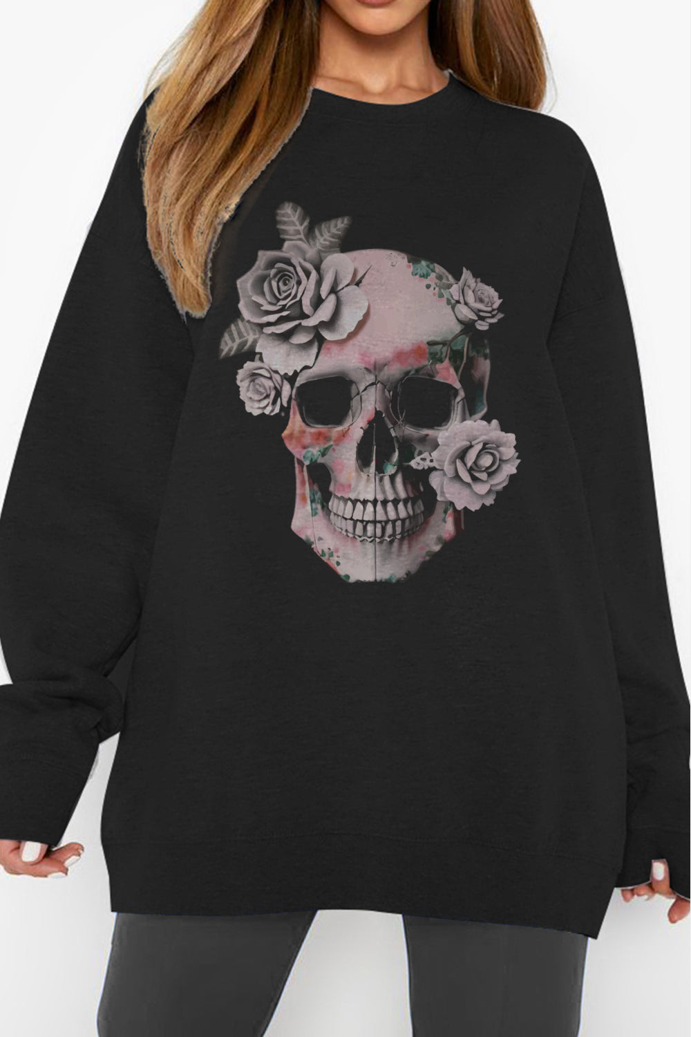 Simply Love Simply Love Full Size Dropped Shoulder SKULL Graphic Sweatshirt - T - 1 COLOR -