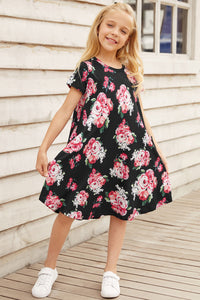 Thumbnail for Girls Floral Round Neck Short Sleeve Dress with Pockets - T - 4 SIZES - 2 COLORS -