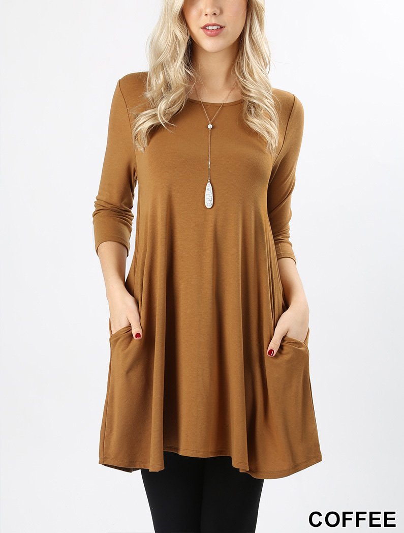 Riah Fashion - Premium 3/4 Sleeve Swing Pocket Tunic Dress - 6 COLORS -