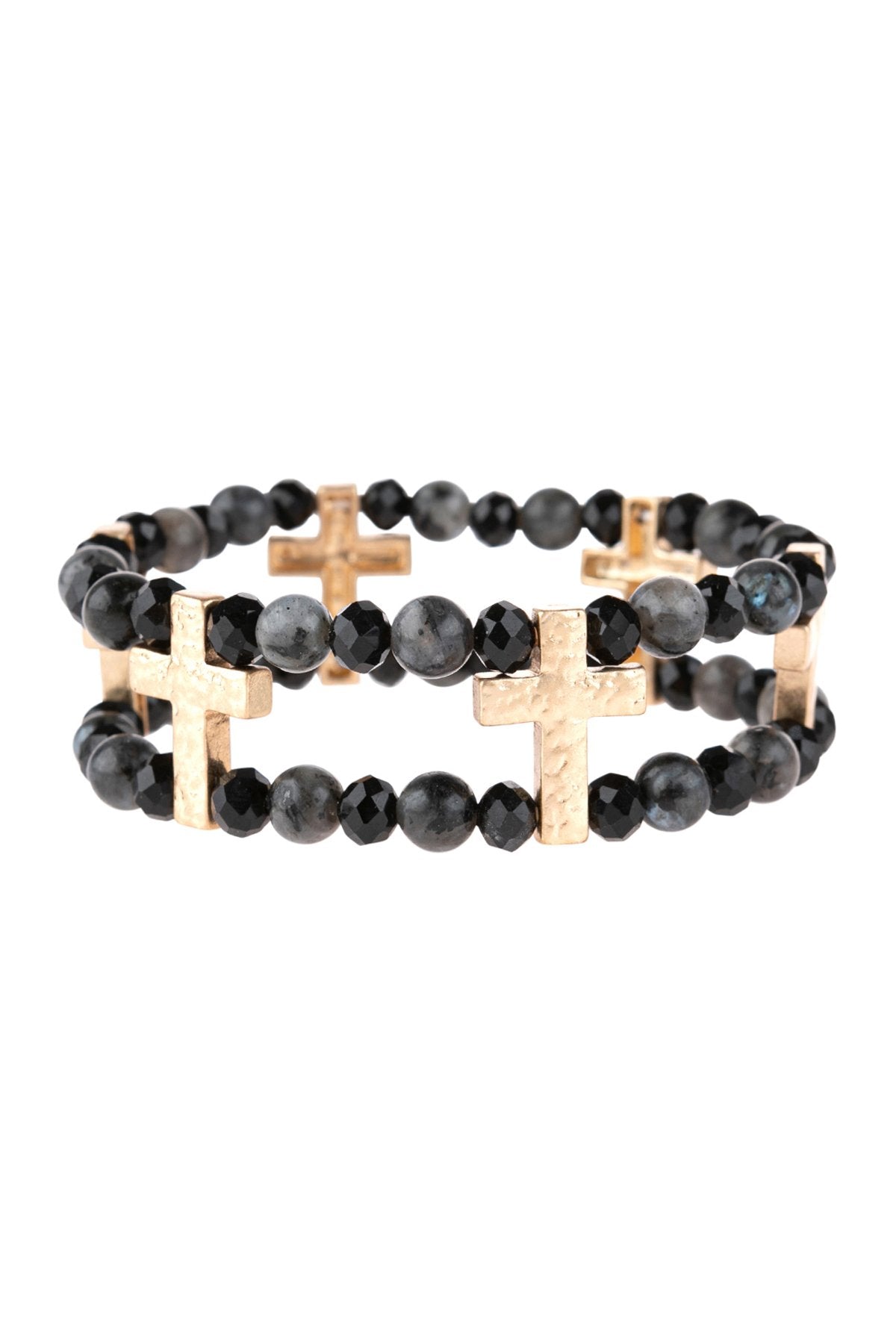 Riah Fashion - Cross Charm Two Line Beaded Bracelet - 4 COLORS -