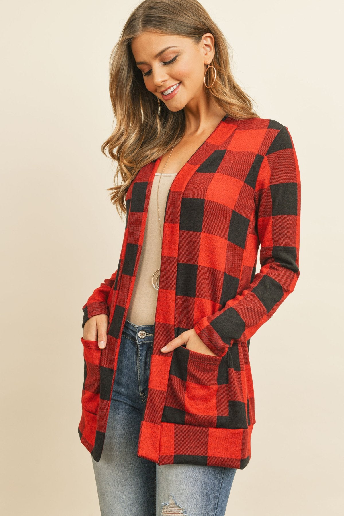 Riah Fashion - Plaid Long Sleeved Front Pocket Open Cardigan - 3 COLORS -