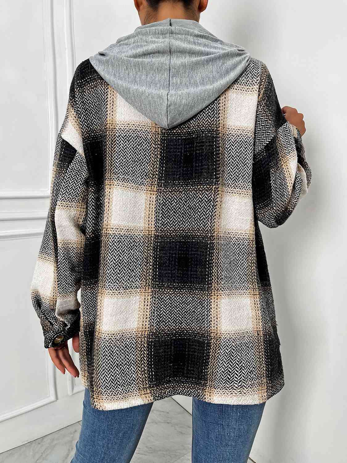 Plaid Drawstring Hooded Jacket - T - 1 COLOR -