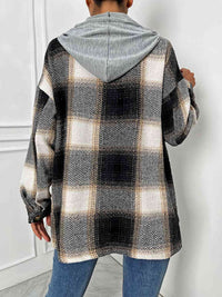 Thumbnail for Plaid Drawstring Hooded Jacket - T - 1 COLOR -