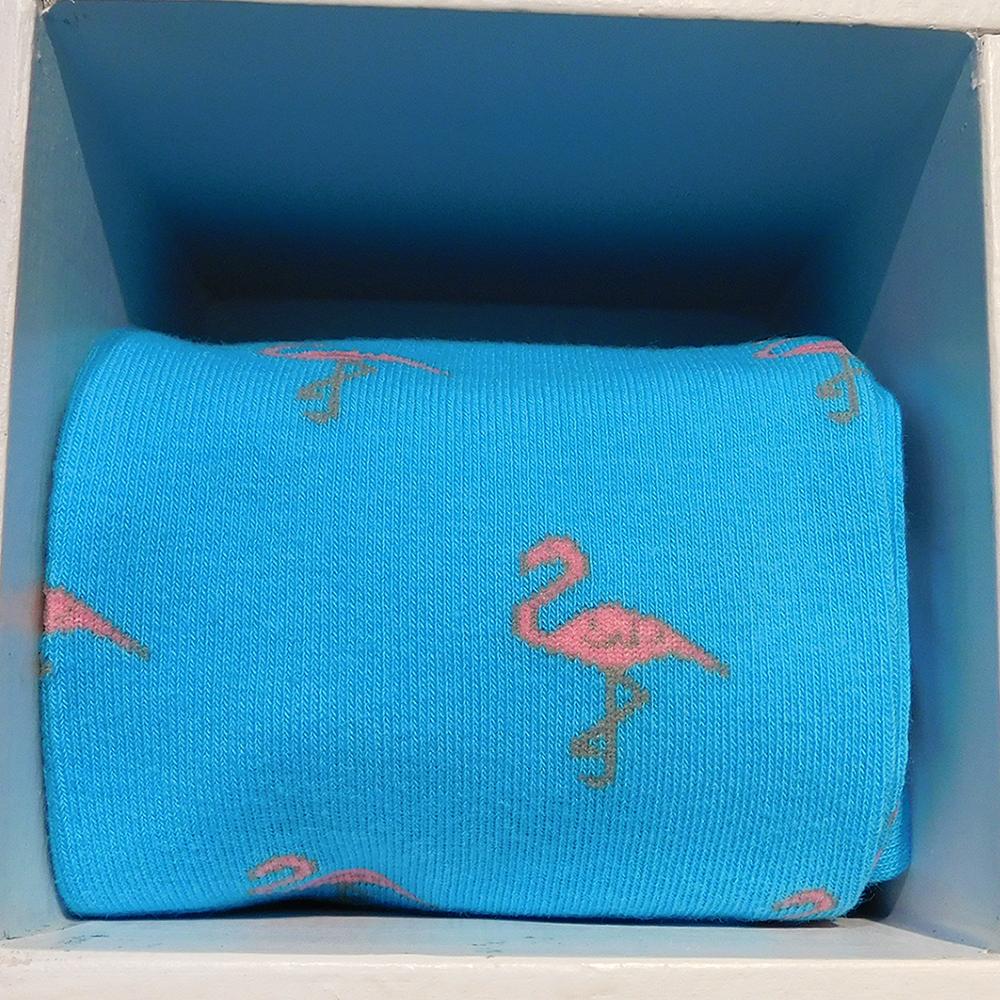 Summer Ties - Flamingo Socks - Men's Mid Calf - Pink on Aqua Blue - 1 COLOR -