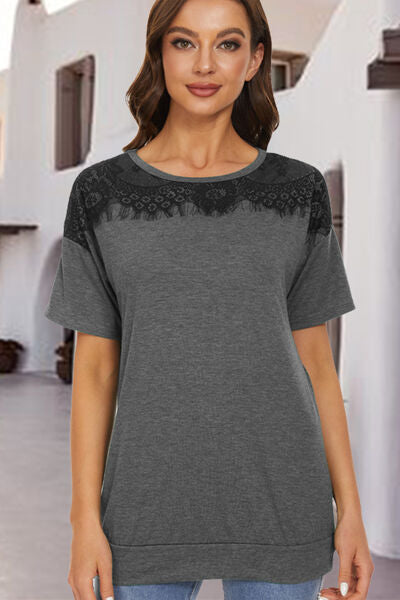 Lace Detail Round Neck Short Sleeve T-Shirt - T - 4 COLORS -