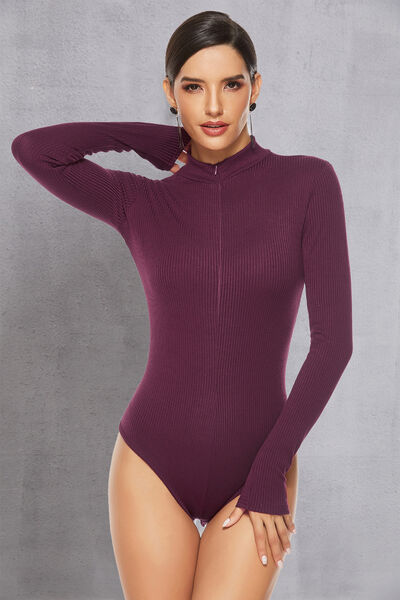 Full Size Ribbed Half Zip Long Sleeve Bodysuit - T - 4 COLORS -