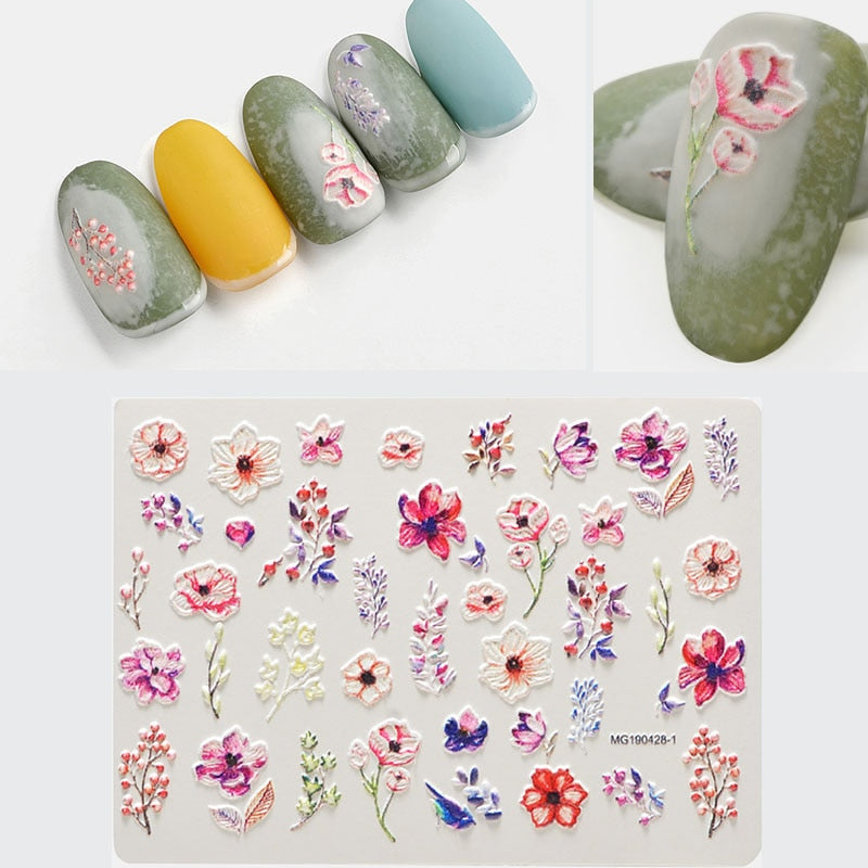 3D Acrylic Engraved / Relief - Flower Nail Stickers Embossed Flowers & Leaves - [27 DAY DELIVERY] -  Water Decals  - 19 STYLES! -