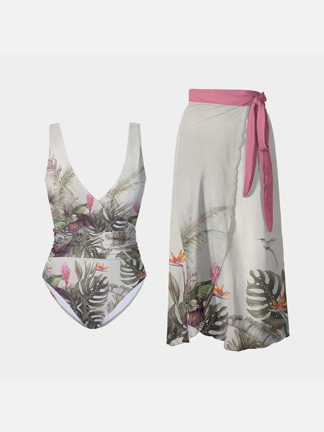 Printed Surplice Wide Strap Swimwear and Skirt Swim Set - 2 PCS. - T - 1 COLOR -