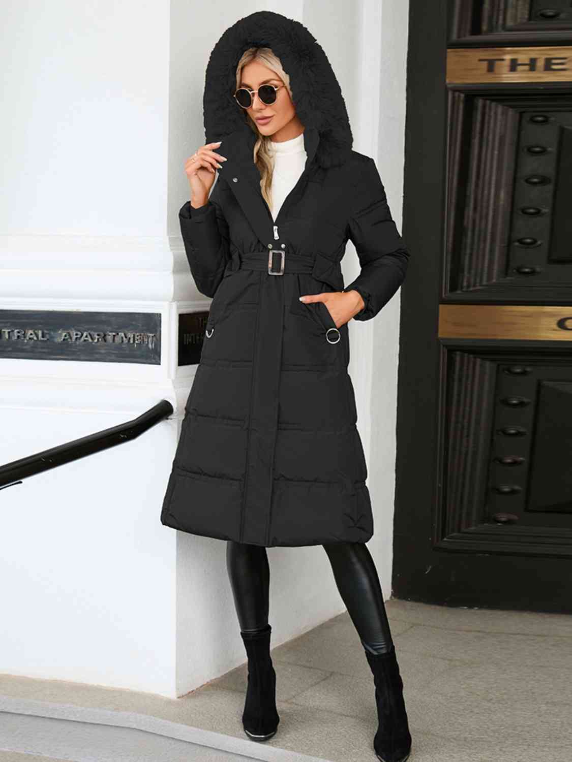 Longline Hooded Winter Coat with Pockets - T - 3 COLORS -