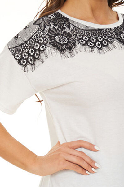 Lace Detail Round Neck Short Sleeve T-Shirt - T - 4 COLORS -