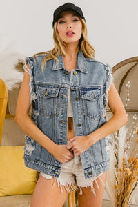 Thumbnail for BiBi Distressed Raw Hem US Flag Sleeveless Denim Jacket - T - 1 COLOR -