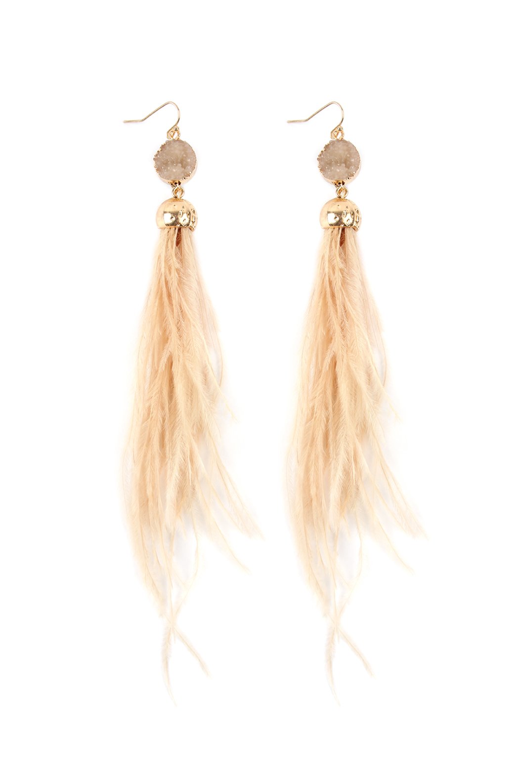 Riah Fashion - Druzy Stone Dangling Feather Earrings - 7 COLORS -