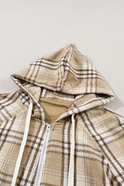 Drawstring Plaid Half Zip Raglan Sleeve Hoodie - T - 1 COLOR -