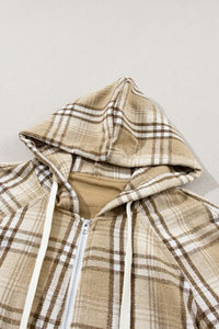 Thumbnail for Drawstring Plaid Half Zip Raglan Sleeve Hoodie - T - 1 COLOR -