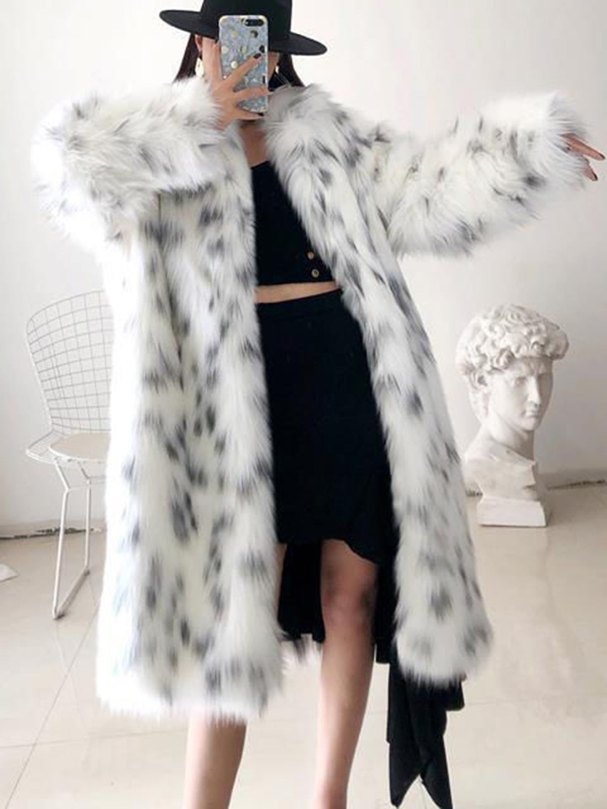 Sharon Tatem - Faux Fox Fur Coat - Casual Snow Leopard Print Fur Jacket - Thick Warm Mid-Long Plush Outer -