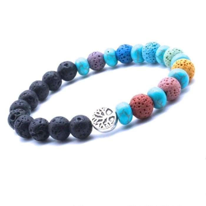 Tree of Life Seven Chakra and Turquoise Beads Lava Stone Bracelet -