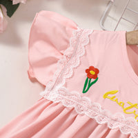 Thumbnail for Girls Embroidered Lace Trim Round Neck Dress - T - 5 SIZES - 1 COLOR -