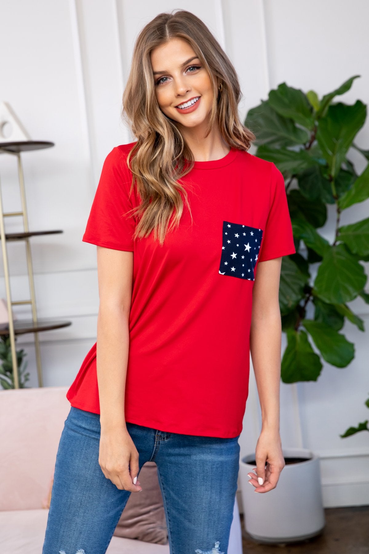 Riah Fashion - Short Sleeve Star Pocket Top - 4 COLORS