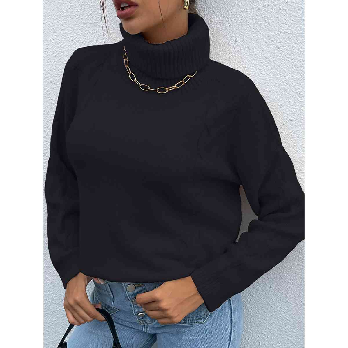 Turtleneck Dropped Shoulder Long Sleeve Sweater - T - 4 COLORS -