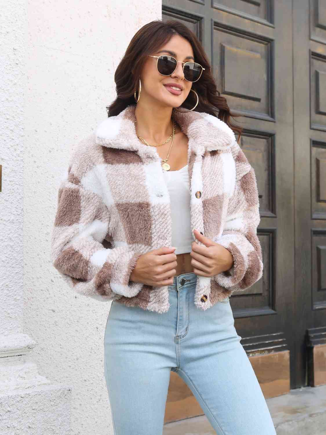 Plaid Dropped Shoulder Buttoned Jacket - T - 4 COLORS -