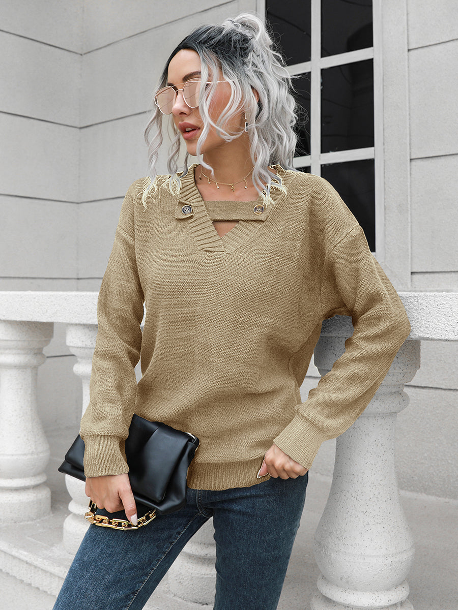 Dropped Shoulder Button Detail Sweater - T - 2 COLORS -