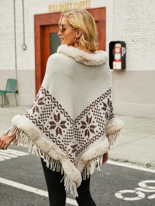 Fringe Geometric Cape Sleeve Poncho - 1 SIZE FIT - T - 6 COLORS -