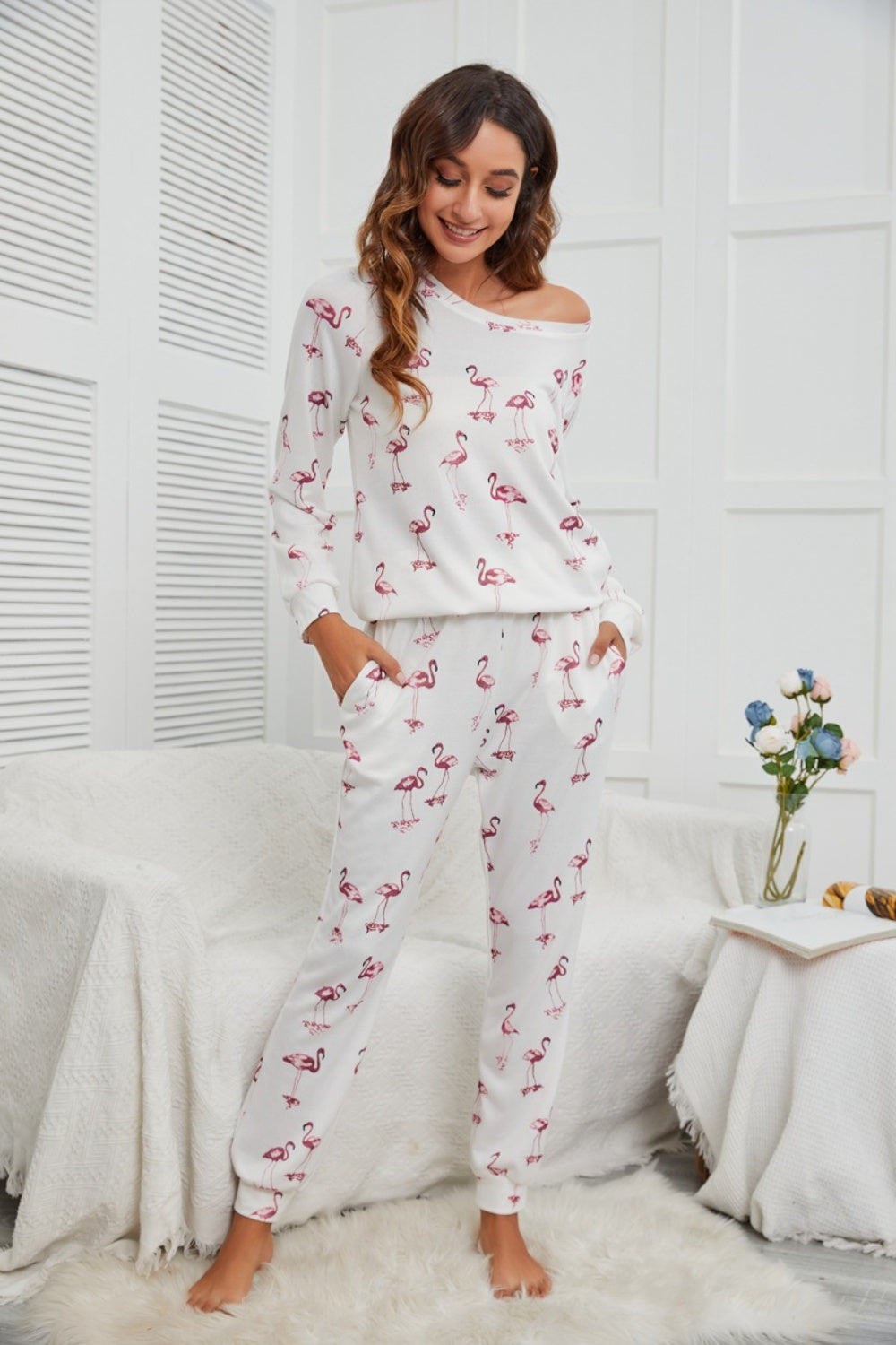 Flamingo Long Sleeve Top and Pants Lounge Set - 2 PCS. - T - 1 COLOR -