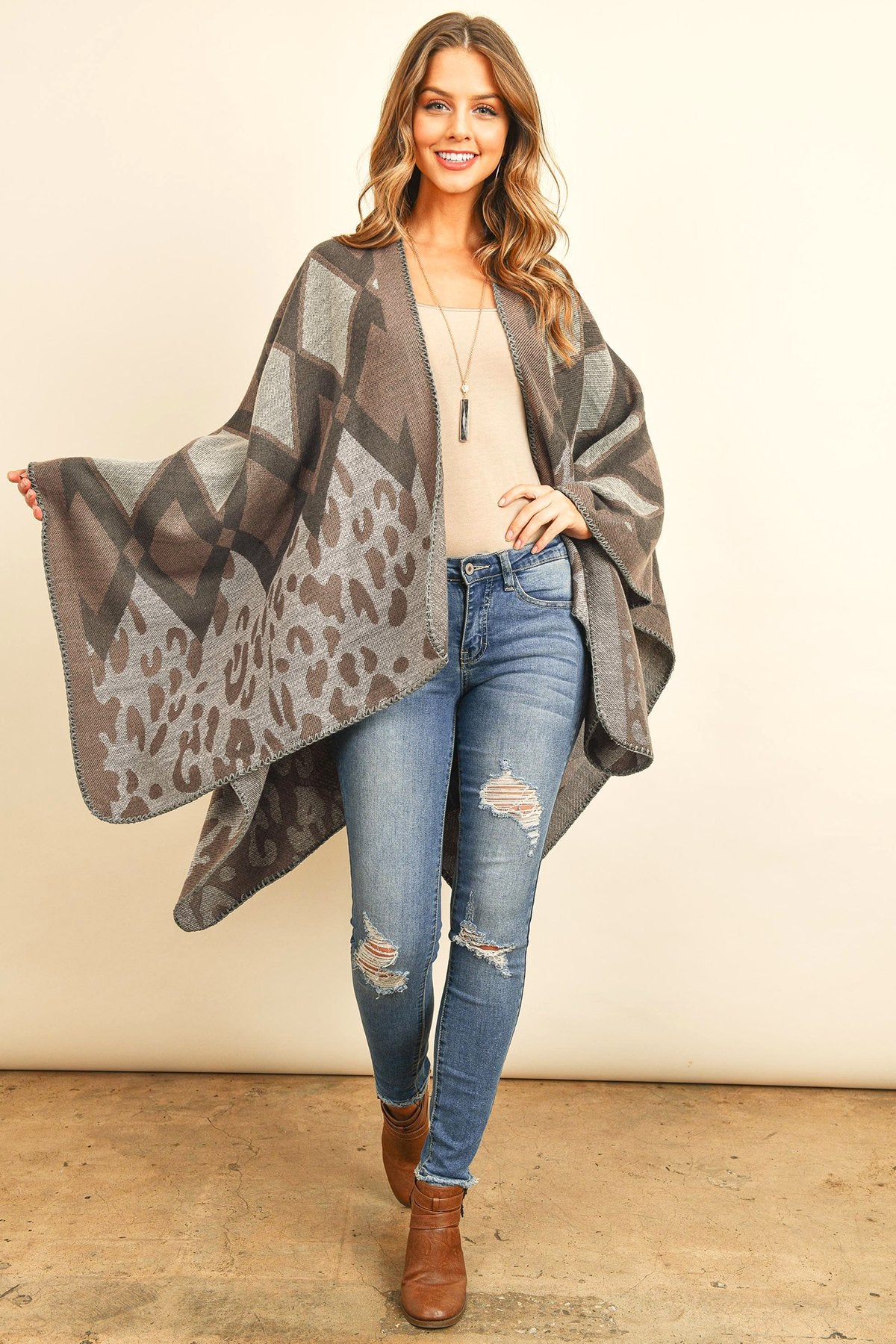 Riah Fashion - Chevron Leopard Open Front Kimono - 1 COLOR -