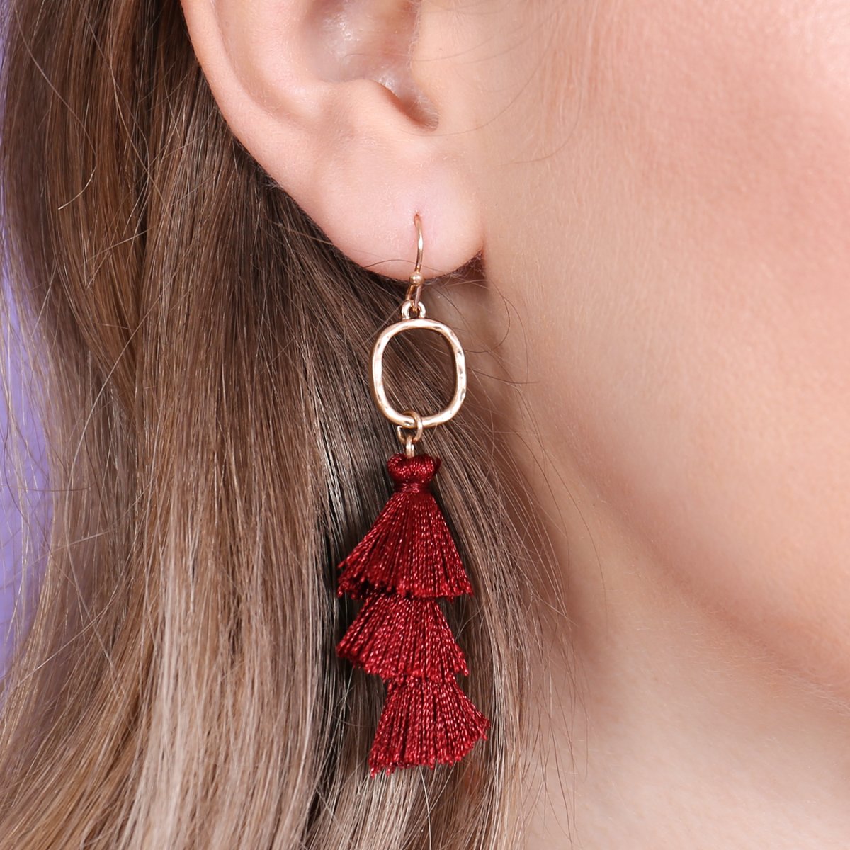 Three Drop Tassel With Metal Hook Earrings - 11 COLORS -