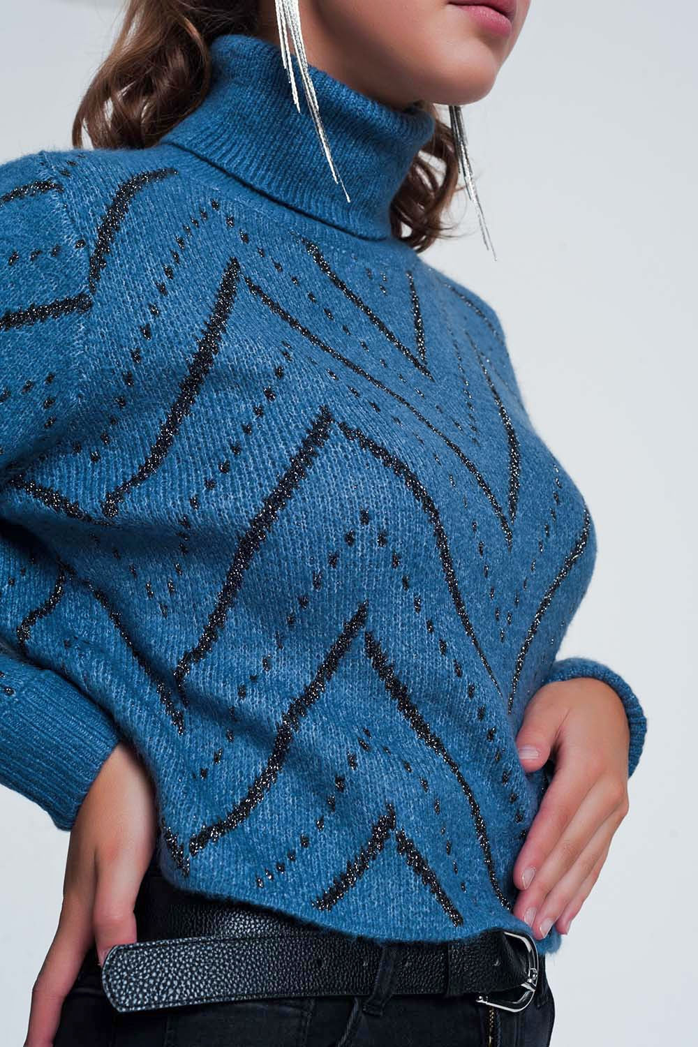 Q2 - Woven Blue Turtleneck Sweater - 1 COLOR -